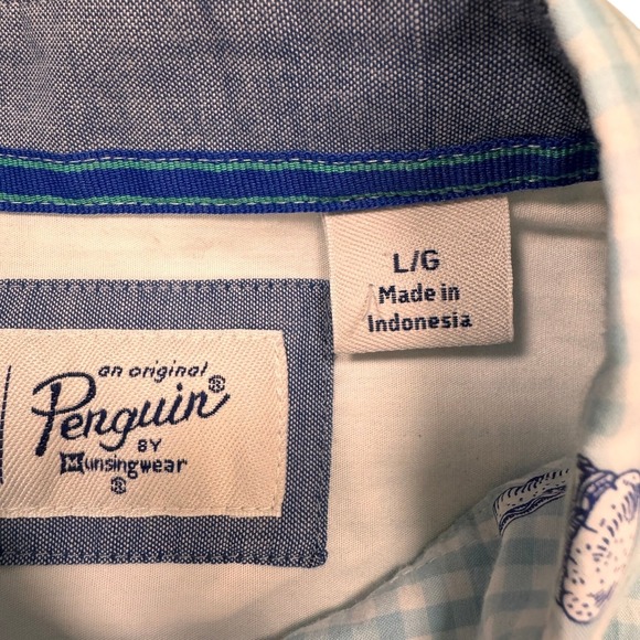 ORIGINAL PENGUIN Novelty Food Print Blue/White Checked Button Down Size LG EUC - Picture 3 of 6